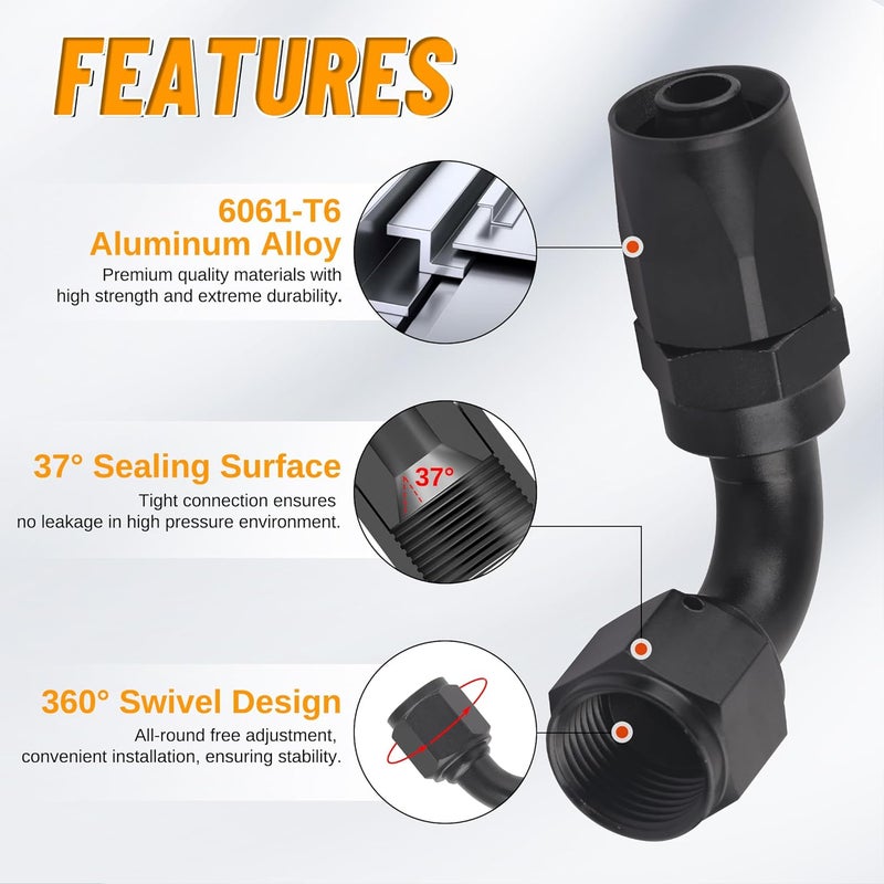 KOOTANS 5pcs 8AN Hose End Fitting 90 Degree Swivel Fuel Line Fittings Black Aluminum 8AN Fittings for CPE Braided Fuel Hose - Image 4